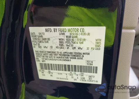 2012 Ford Escape Xlt z USA, uszkodzony, nr VIN 1FMCU0DG1CKC85661